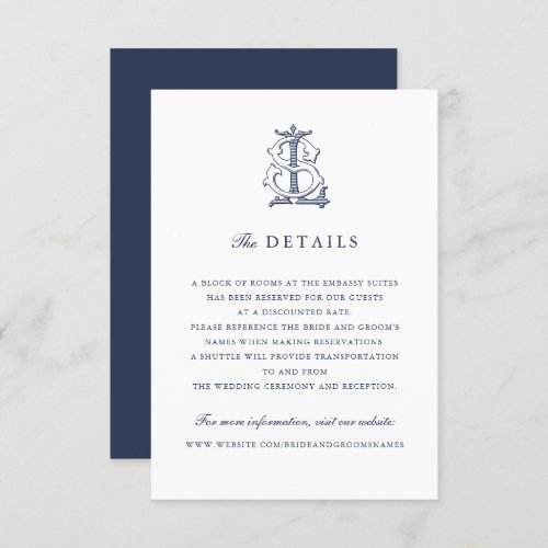 Elegant Vintage Monogram LS Wedding Details Insert Invitation