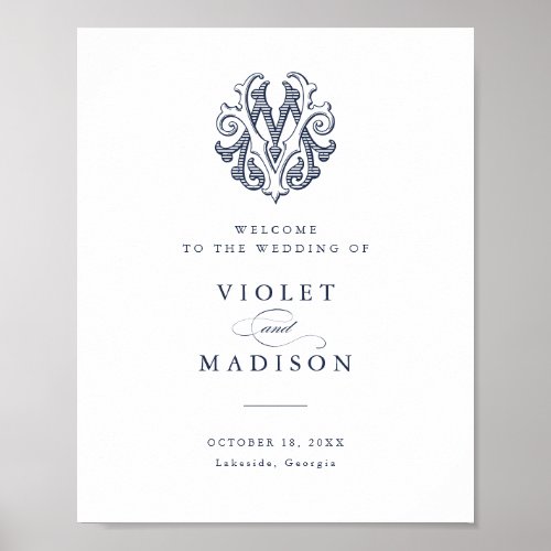 Elegant Vintage Monogram MV Wedding Welcome Sign