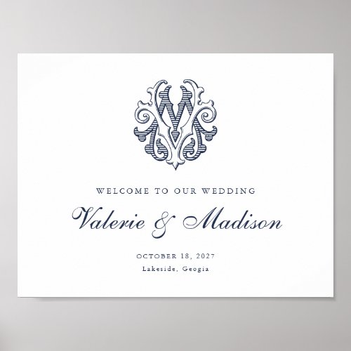 Elegant Vintage Monogram MV Wedding Welcome Sign