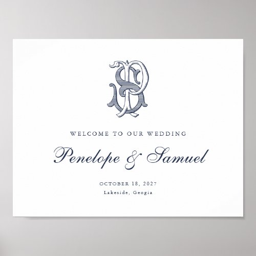 Elegant Vintage Monogram PS Wedding Welcome Sign