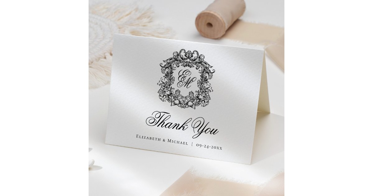 Elegant Vintage Monogram Wedding Crest Thank You Card | Zazzle