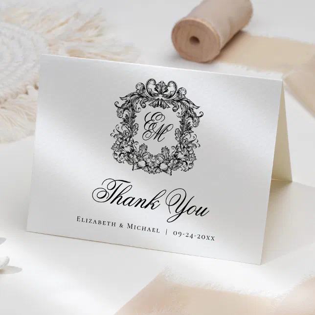 Elegant Vintage Monogram Wedding Crest Thank You Card | Zazzle