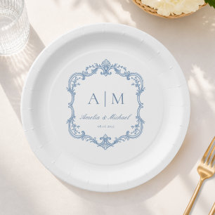  Elegant Vintage Monogram Wedding Dusty Blue Paper Plates