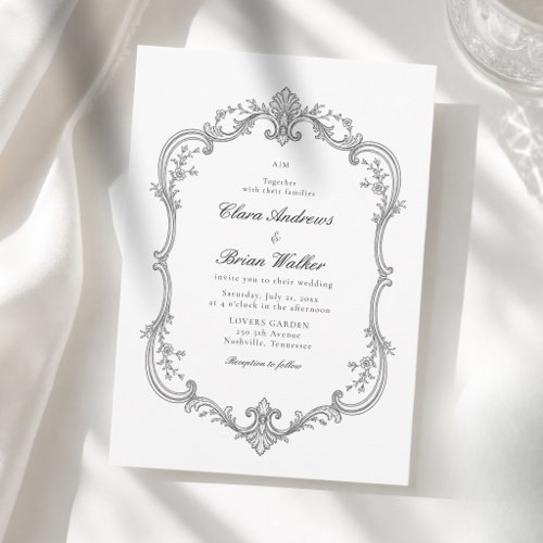 Elegant Vintage Monogram Wedding White Black Invitation