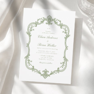 Elegant Vintage Monogram Wedding White Green Invitation