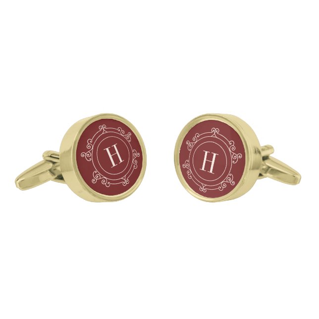 Elegant vintage monogrammed burgundy Cufflinks (Angled)