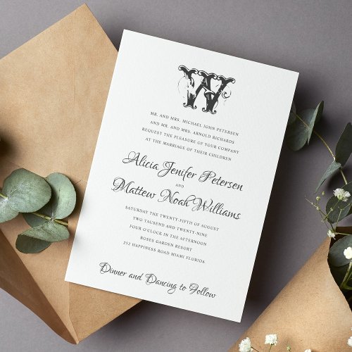 Elegant vintage monogrammed formal wedding invitation