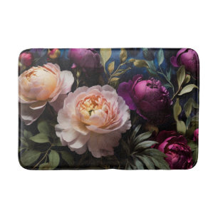 Elegant vintage moody pink magenta floral painting bath mat