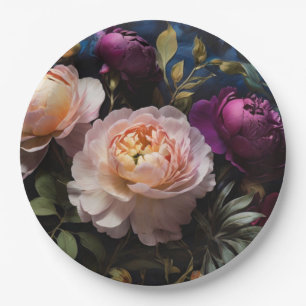 Elegant vintage moody pink magenta floral painting paper plates