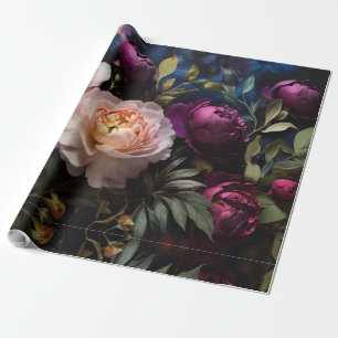 Elegant vintage moody pink magenta floral painting wrapping paper