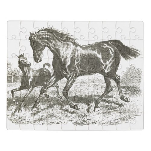 Elegant Vintage Mother and Baby Horse Running  Jigsaw Puzzle