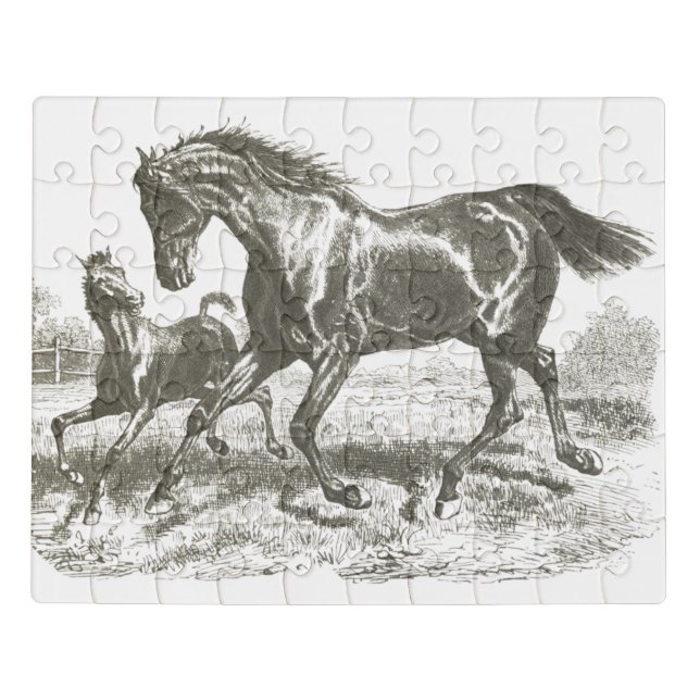 Elegant Vintage Mother and Baby Horse Running  Jigsaw Puzzle (Puzzle Horizontal)