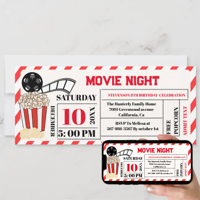 Elegant Vintage Movie Night Birthday Party ticket Invitation | Zazzle