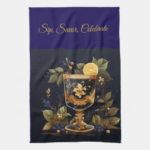 Elegant Vintage Navy Blue and Gold Christmas  Kitchen Towel