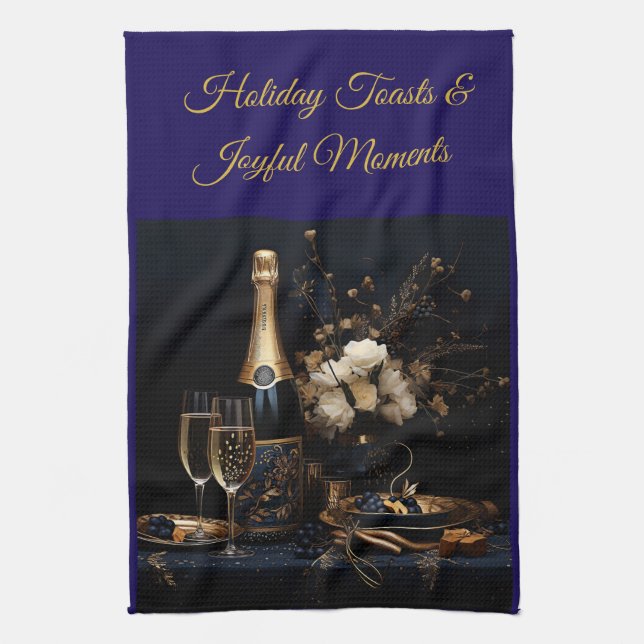 Elegant Vintage Navy Blue and Gold Kitchen Towel (Vertical)