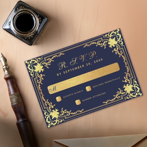 Elegant Vintage Navy Blue Faux Gold Foil Wedding  RSVP Card