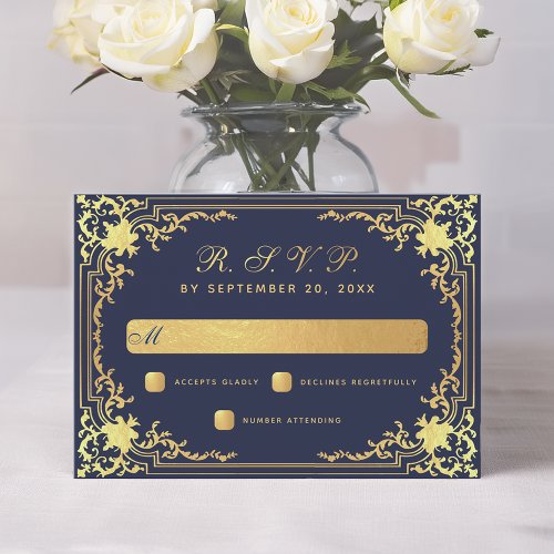 Elegant Vintage Navy Blue Faux Gold Foil Wedding  RSVP Card