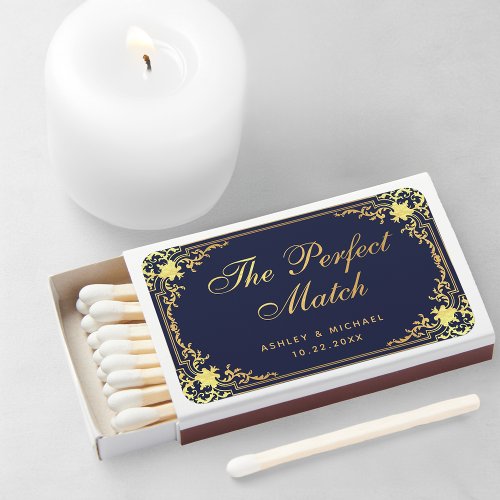 Elegant Vintage Navy Blue Faux Gold Script Wedding Matchboxes