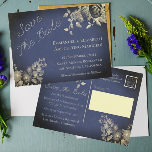 Elegant Vintage Navy Blue Floral Save the Date Announcement Postcard