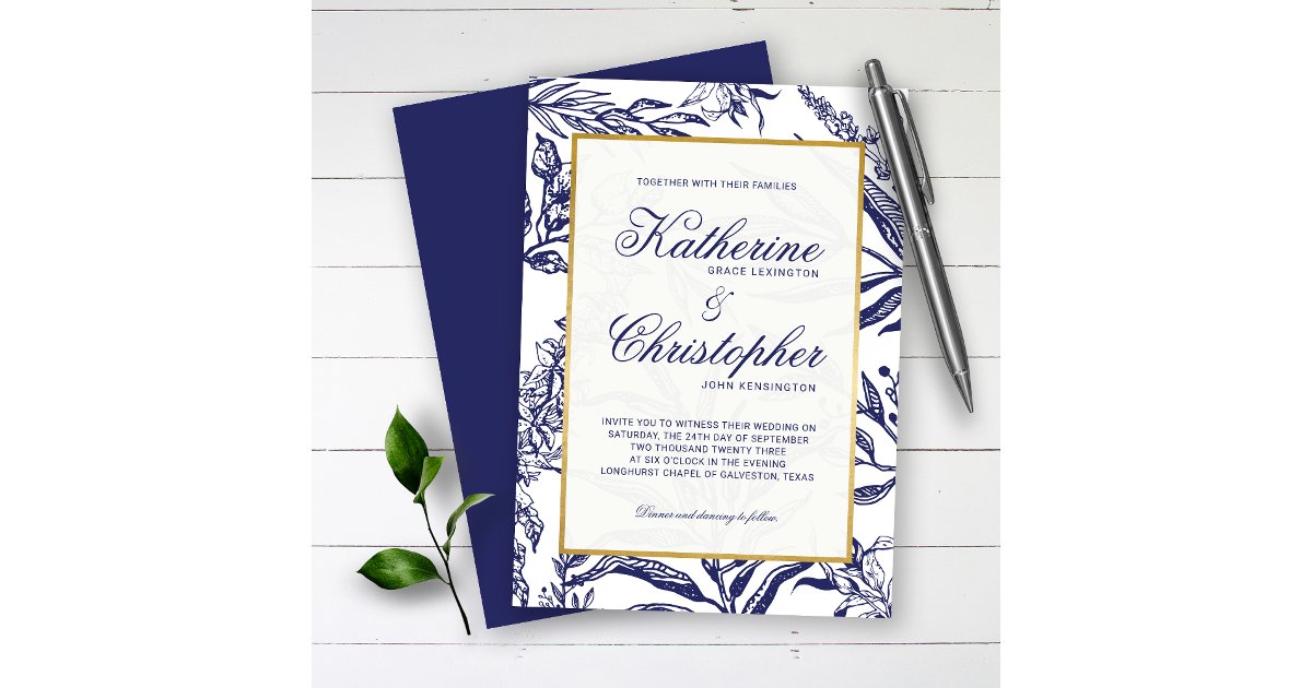 Elegant Vintage Navy Blue Gold Botanical Wedding Invitation | Zazzle
