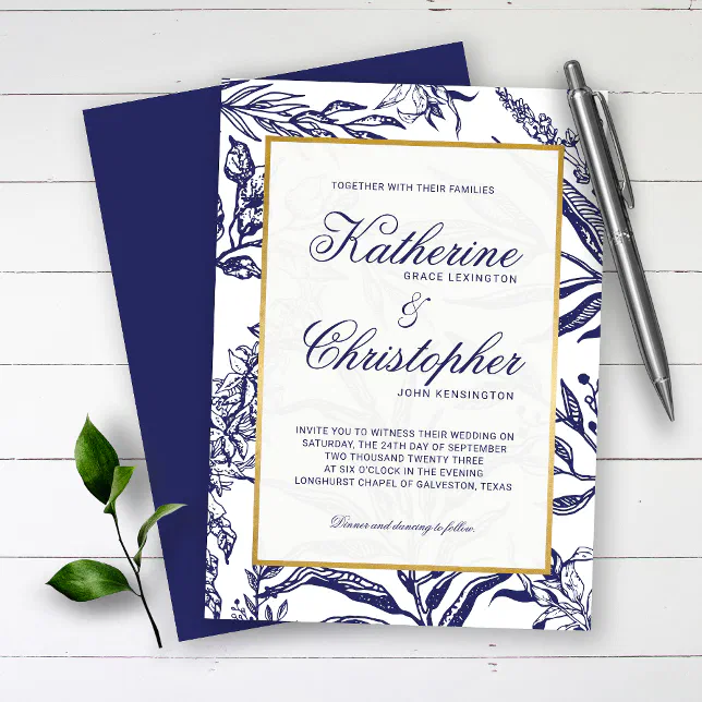 Elegant Vintage Navy Blue Gold Botanical Wedding Invitation | Zazzle