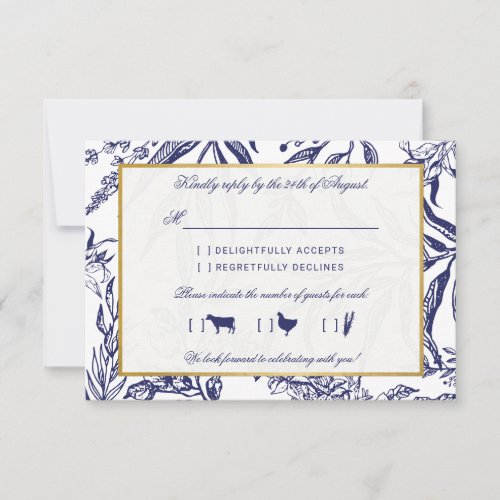 Elegant Vintage Navy Blue Gold Botanical Wedding RSVP Card