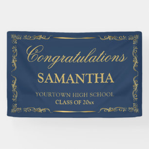 Elegant Vintage Navy Blue Gold Graduation Banner