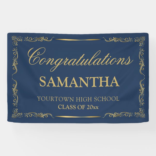 Elegant Vintage Navy Blue Gold Graduation Banner (Horizontal)
