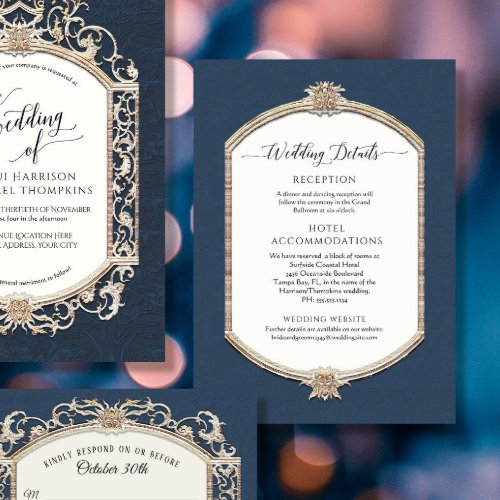 Elegant Vintage Navy Blue n Gold Wedding Details Invitation