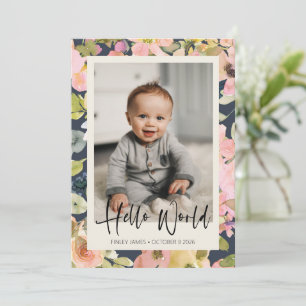 Elegant Vintage Navy Floral Newborn Photo Birth Announcement