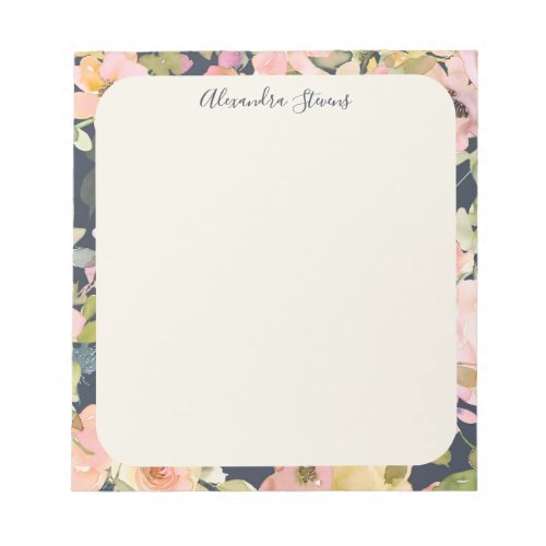 Elegant Vintage Navy Floral Personalized Name Notepad