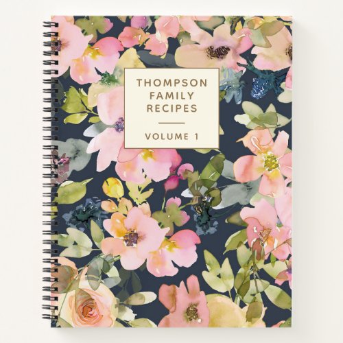 Elegant Vintage Navy Floral Personalized Recipe    Notebook