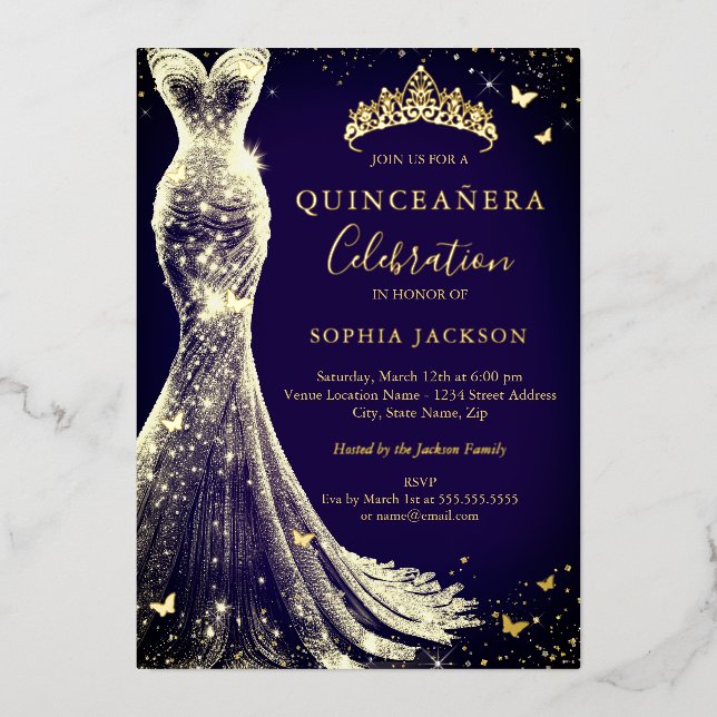 Elegant Vintage Navy Gold Butterfly Quinceanera Foil Invitation (Front)