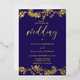 Elegant Vintage Navy & Gold Foil Floral Wedding Foil Invitation