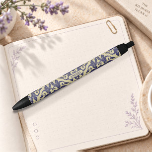 Elegant Vintage Navy Yellow Damask Monogram Pen