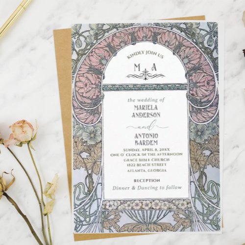 Elegant Vintage Nouveau Watercolor Wedding Flowers Invitation