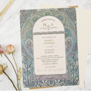 Elegant Vintage Nouveau Watercolor Wedding Flowers Invitation