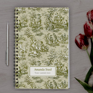 Elegant Vintage Olive Green Toile de Jouy Pattern Notebook