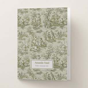 Elegant vintage olive green toile de jouy pocket folder