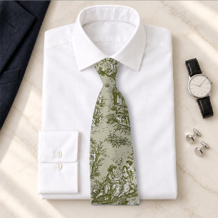 Elegant vintage olive green toile de jouy printed neck tie