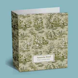 Elegant Vintage Olive Green Toile De Jouy Scenic 3 Ring Binder
