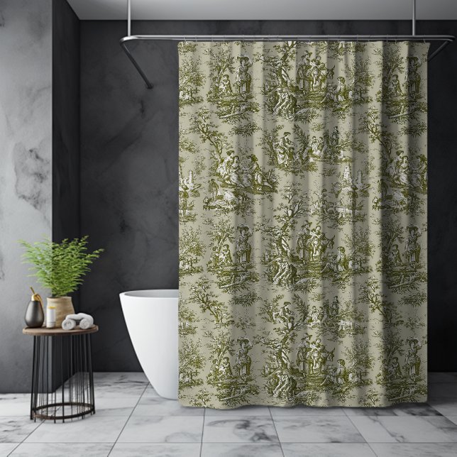 Elegant vintage olive green toile de jouy shower curtain (Creator Uploaded)