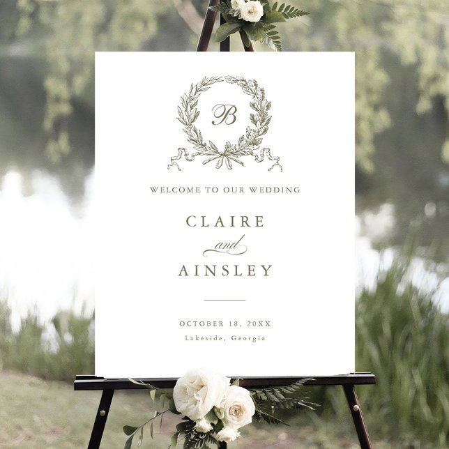 Elegant Vintage Olive Oak Wreath Welcome Sign (Creator Uploaded)