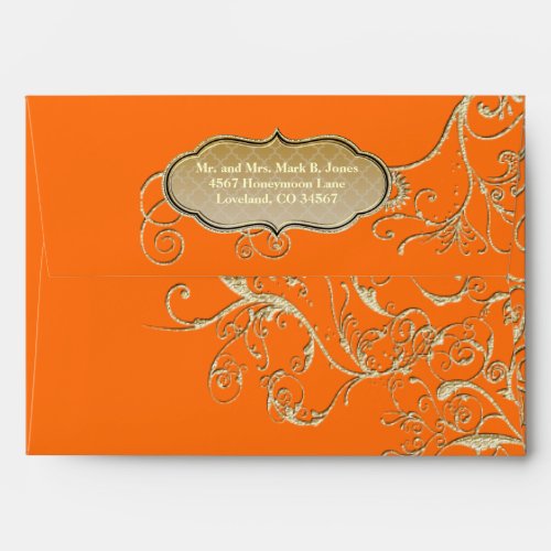 Elegant Vintage Orange Coral Gold Swirl Wedding Envelope