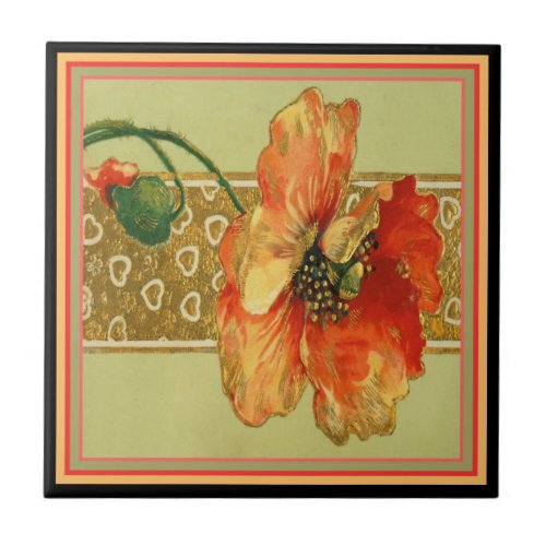 Elegant Vintage Orange Red Poppie Ceramic Tile