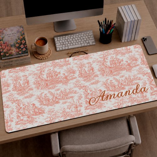 Elegant Vintage Orange Toile de Jouy Monogram Desk Mat