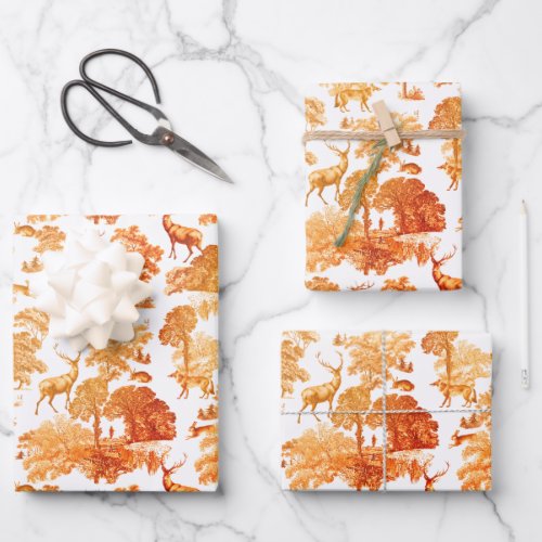 Elegant Vintage Orange Toile Deer Fox Woodland  Wrapping Paper Sheets