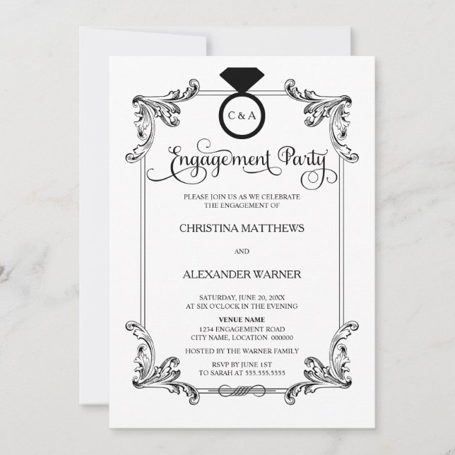 Elegant Vintage Ornament Engagement Party Invitation (Front)