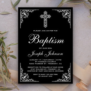 Elegant Vintage Ornate Cross Baptism Invitation