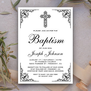 Elegant Vintage Ornate Cross Baptism Invitation